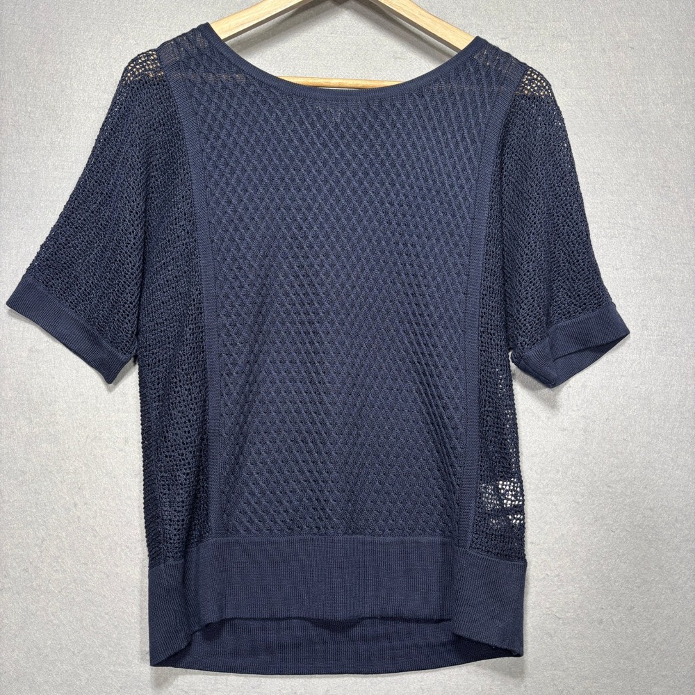 New York & Company Navy‎ Blue Knit Mesh Short Sleeve Top S